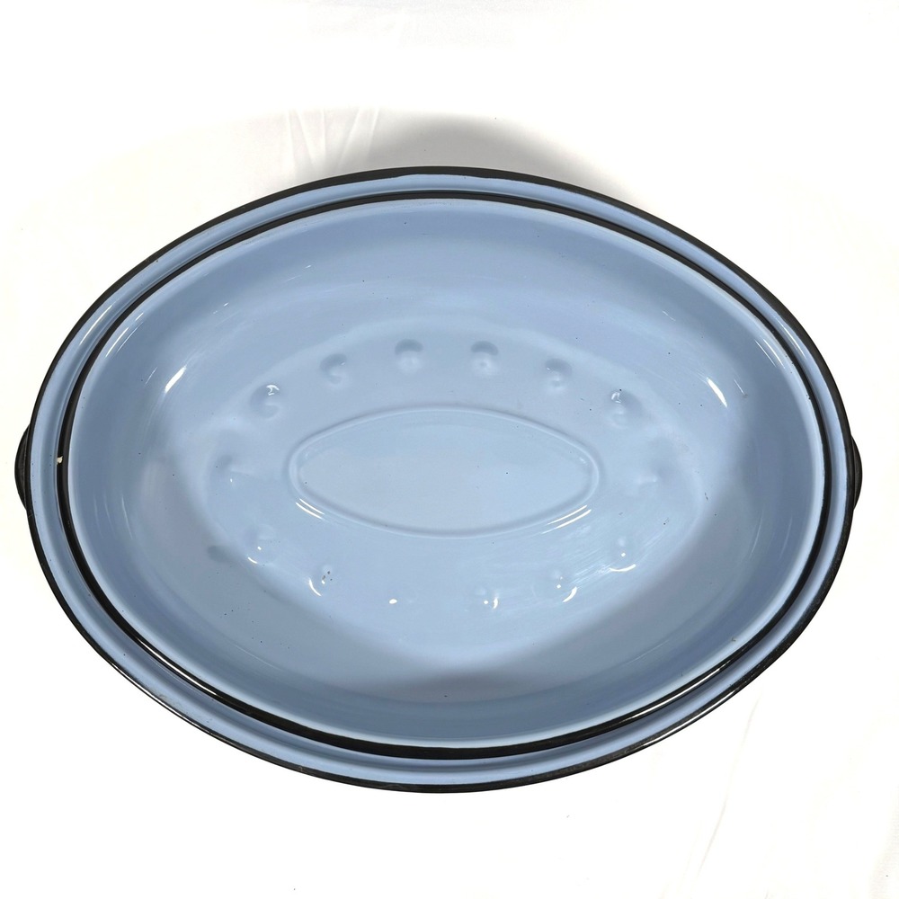 Vintage Enamelware Oval Roasting Pan with Lid Blue Farmhouse Large 16.5in Roastr - Picture 3 of 14